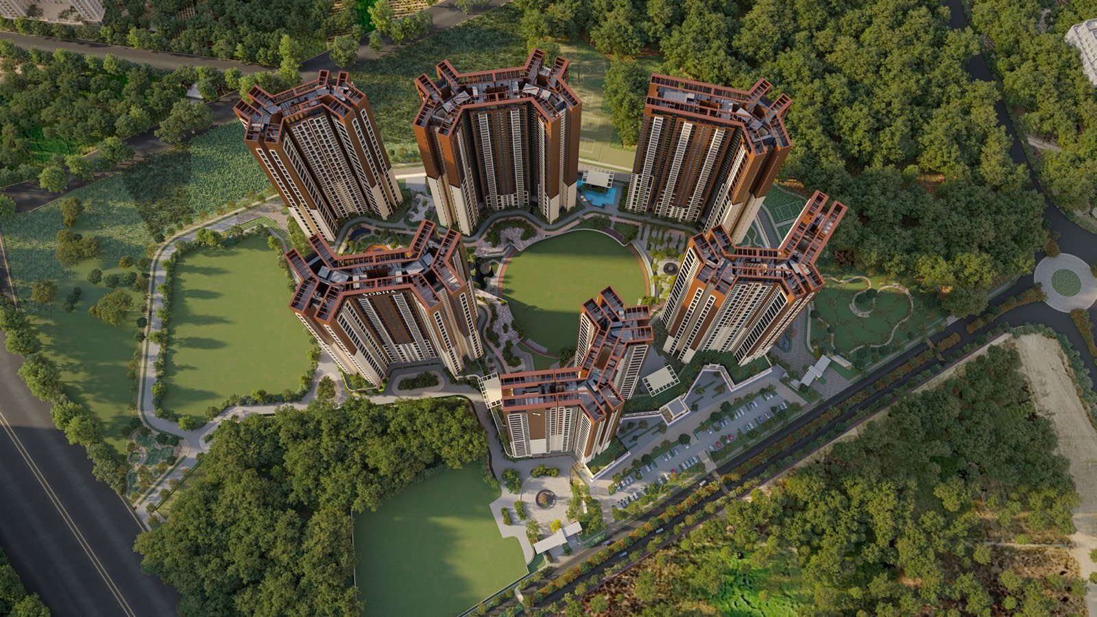 SOBHA OneWorld aerial view of towers and central green